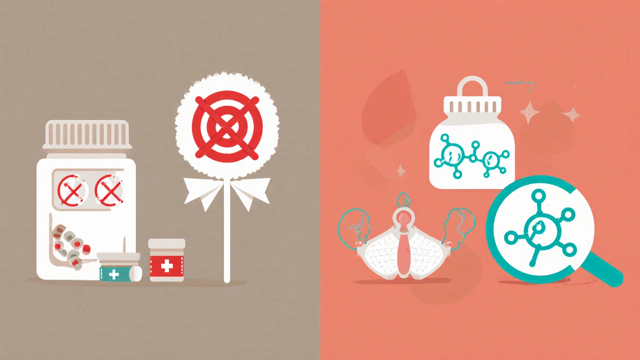 Comparison of standard pills with allergens versus personalized medication forms like lollipop, gel, and suppository.