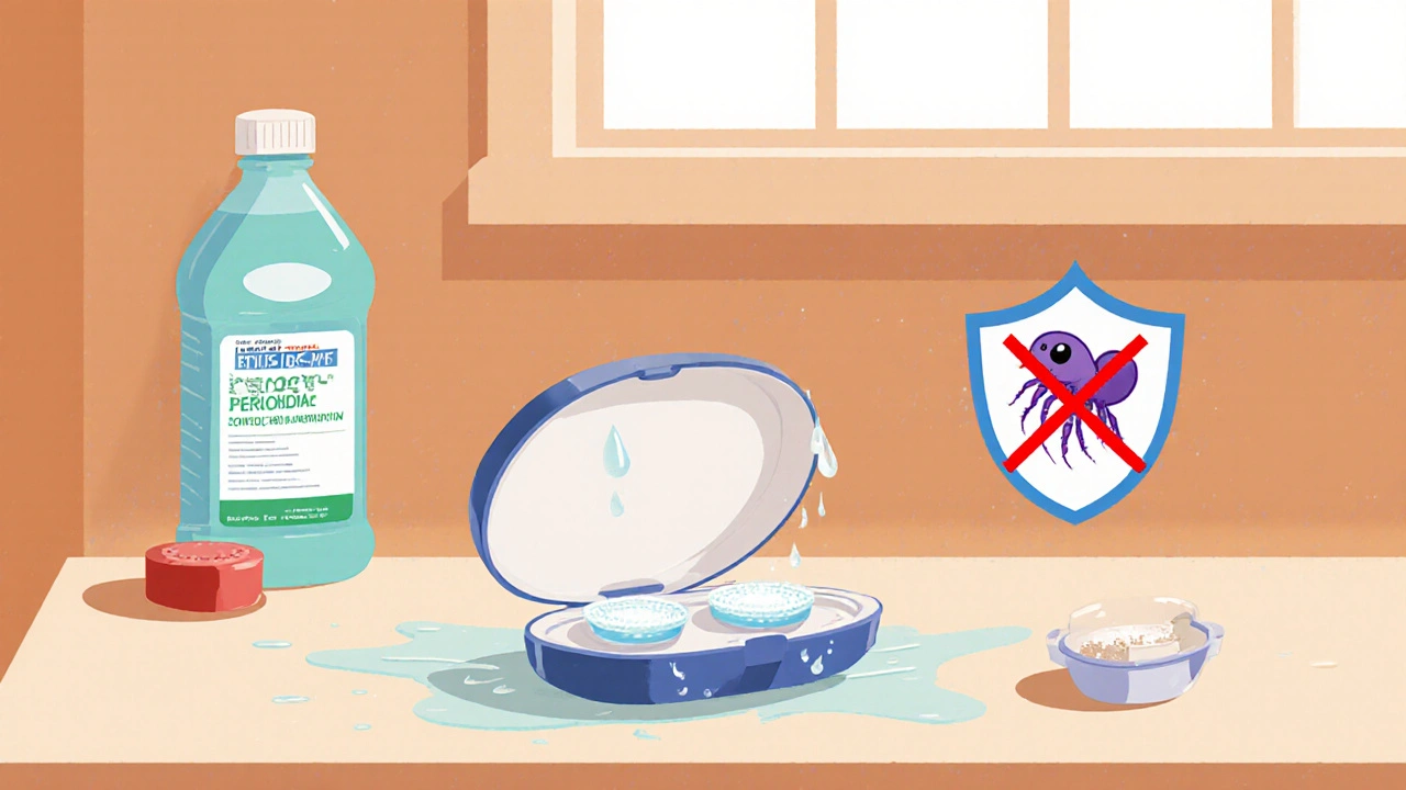 Contact lens case air-drying upside down with fresh solution nearby