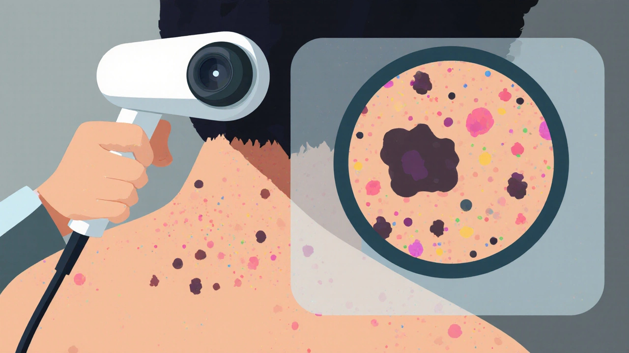 Dermatologist examining skin with dermoscope, one unusual mole standing out among others.