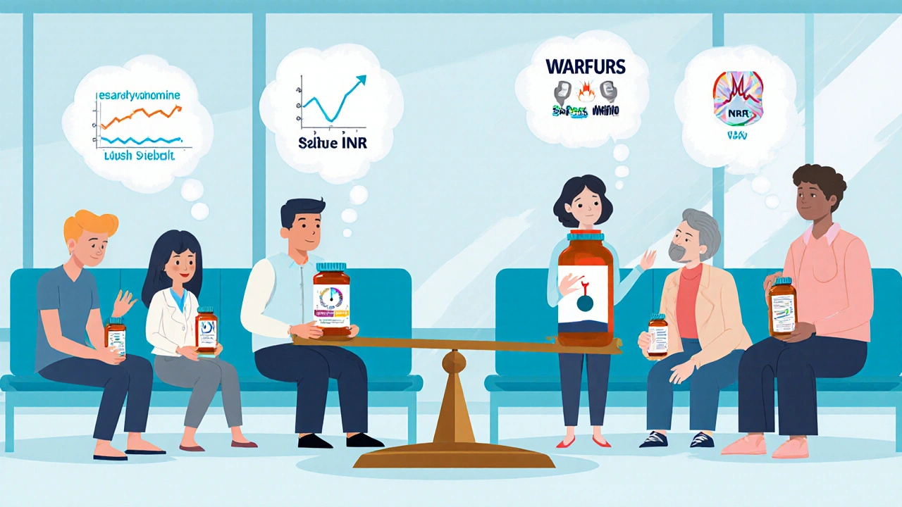 Diverse patients in a clinic with thought bubbles showing individual NTI drug experiences, balanced by a scale weighing cost against stability.