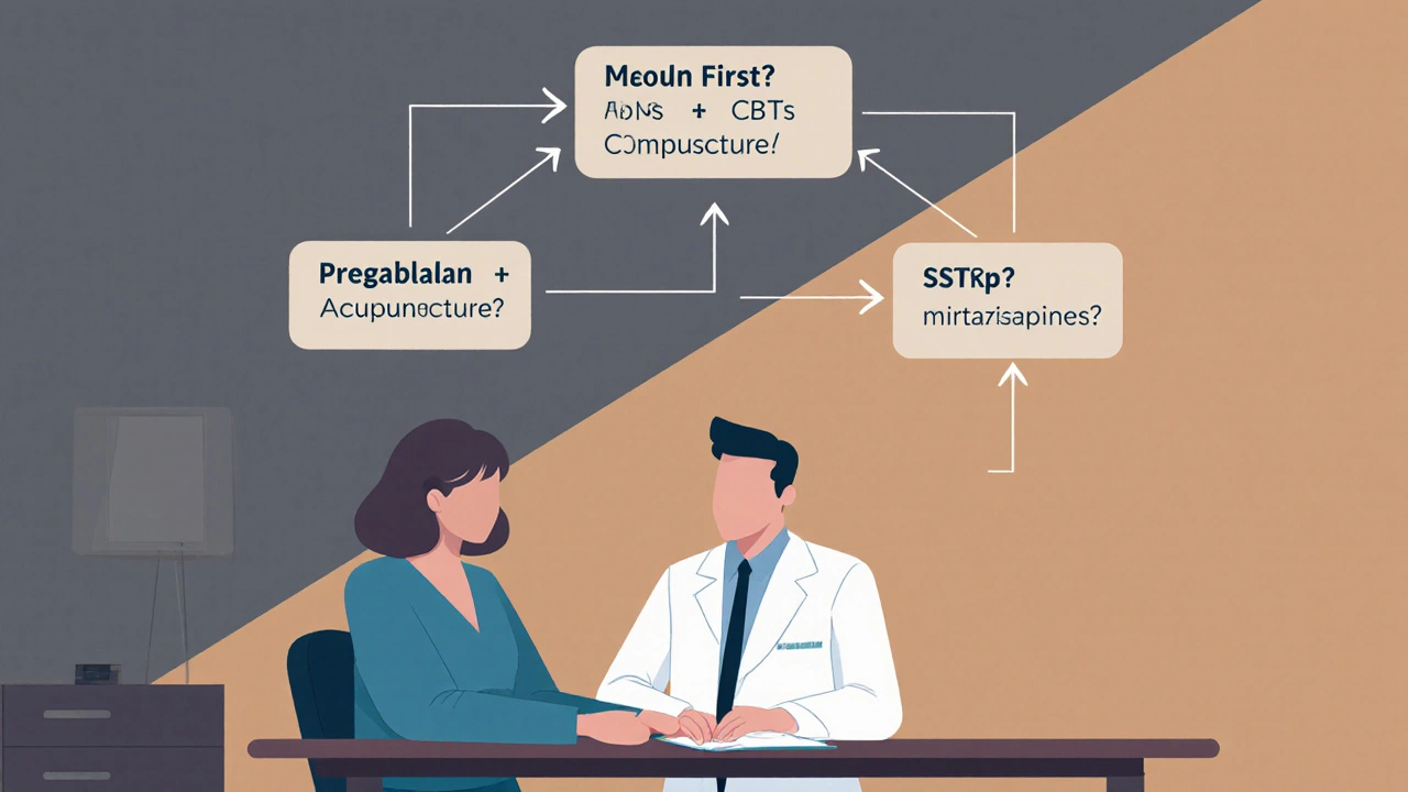 Doctor and patient at clinic with visual flowchart showing treatment options for pain, mood, and sleep.