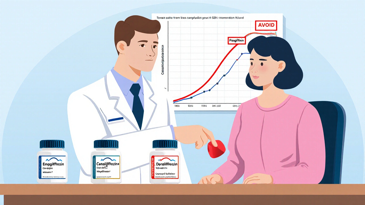 Doctor and patient reviewing SGLT2 inhibitors, with one pill marked as unsafe.