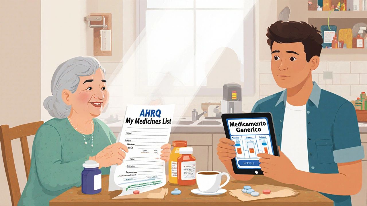 Family reviewing a Spanish medication list and app on a tablet at home, showing understanding and trust in generic drugs.