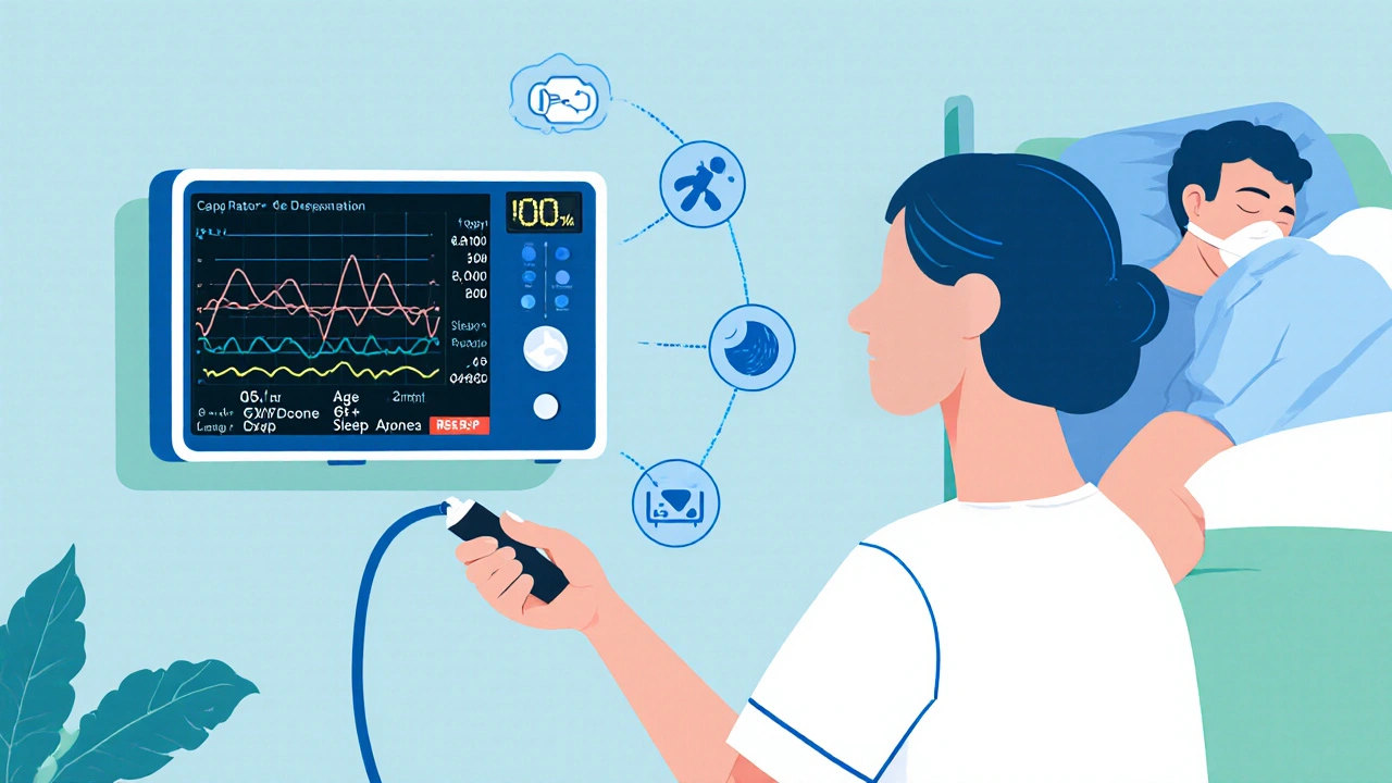 Nurse monitoring capnography device showing rising CO2 as AI predicts respiratory depression.