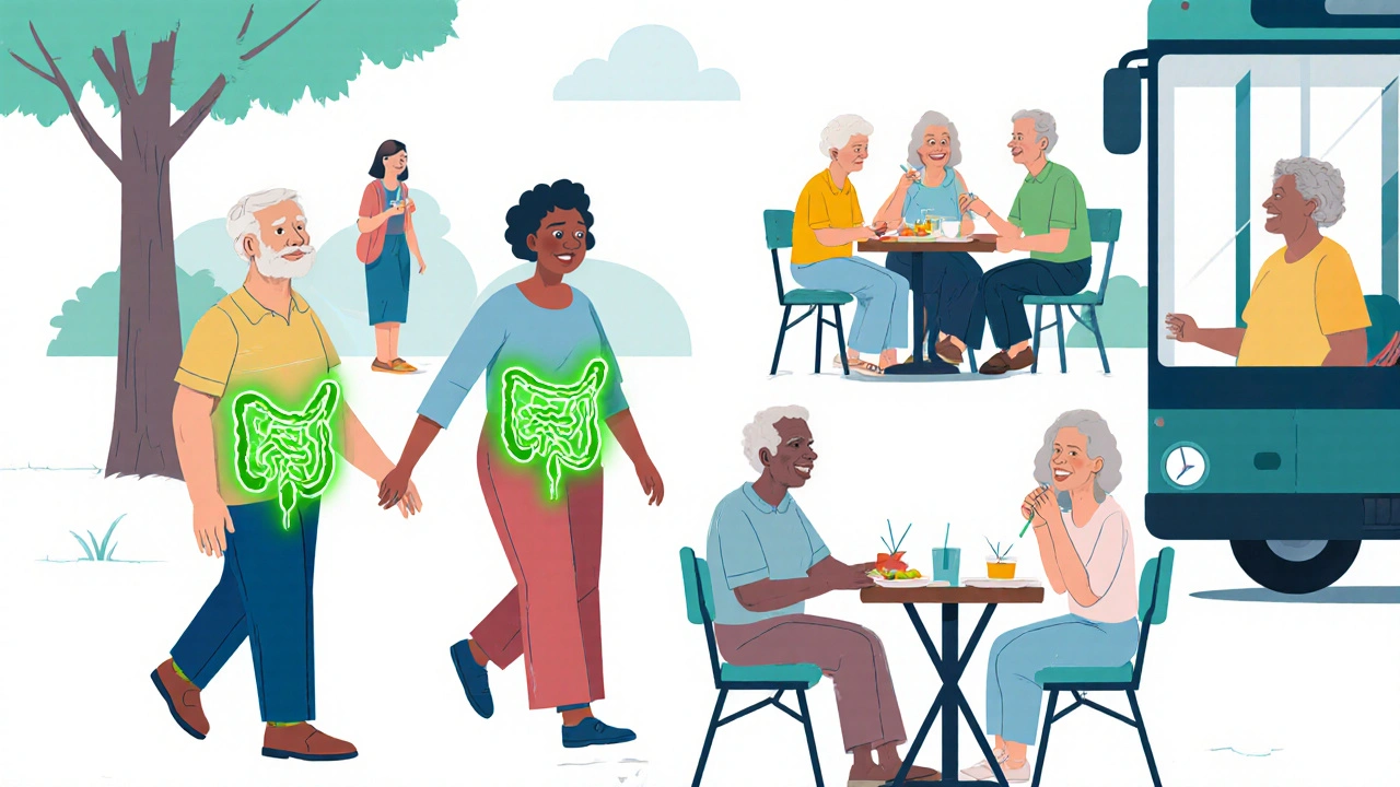 Older adults enjoying daily activities with subtle glowing highlights around their colons symbolizing improved health.