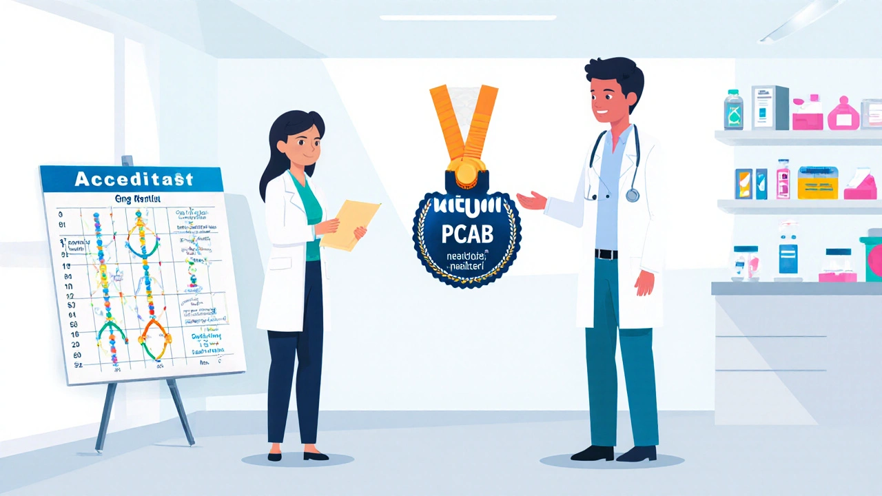 Patient, doctor, and pharmacist discussing personalized medicine with genetic testing and PCAB accreditation badge visible.