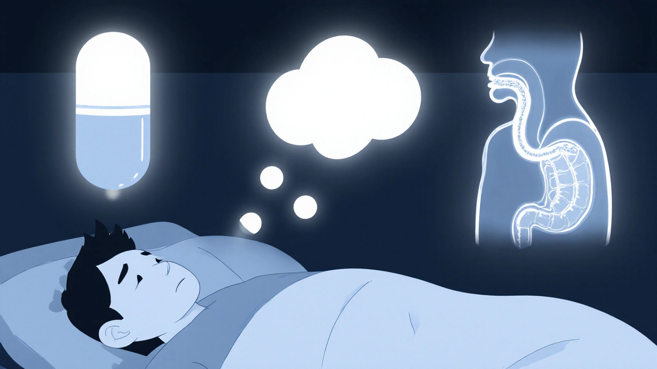 Person at night with visual overlays of medication side effects, acid reflux, and airway constriction.