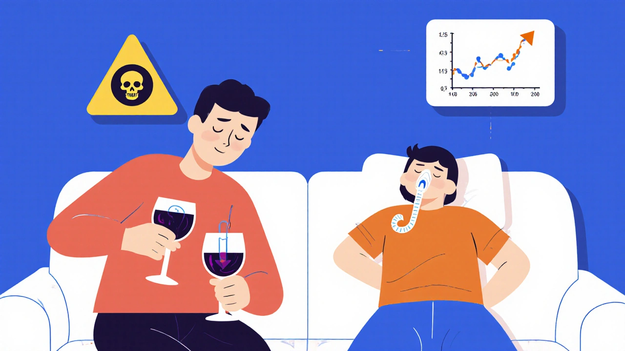 Person mixing opioids with alcohol while another sleeps dangerously, with a risk multiplier icon above.