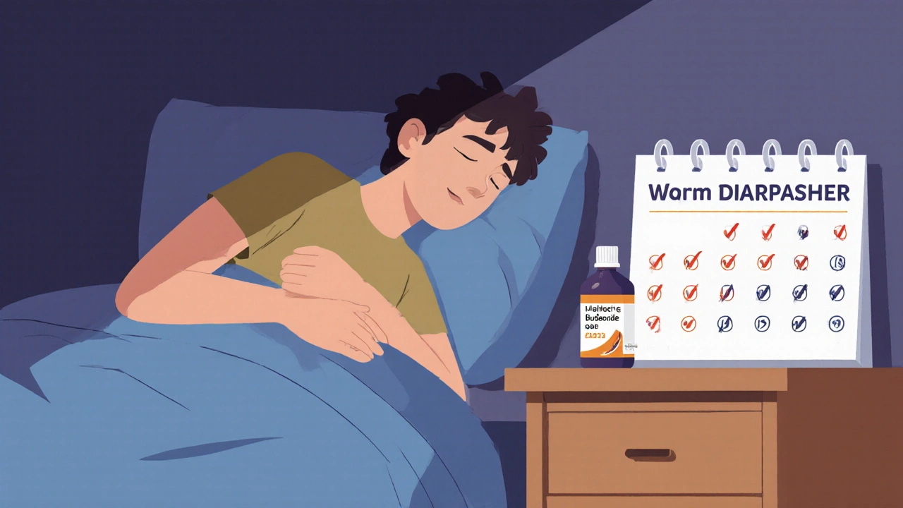 Person sleeping peacefully at night with budesonide bottle and calendar showing days without diarrhea.