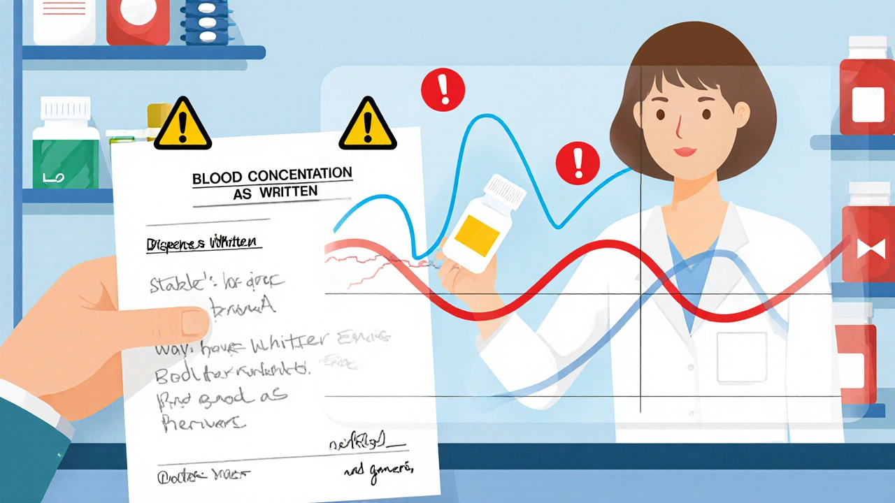 Pharmacist handing a generic pill bottle to a patient, with a &#039;Dispense as Written&#039; note and fluctuating blood level graph in the background.