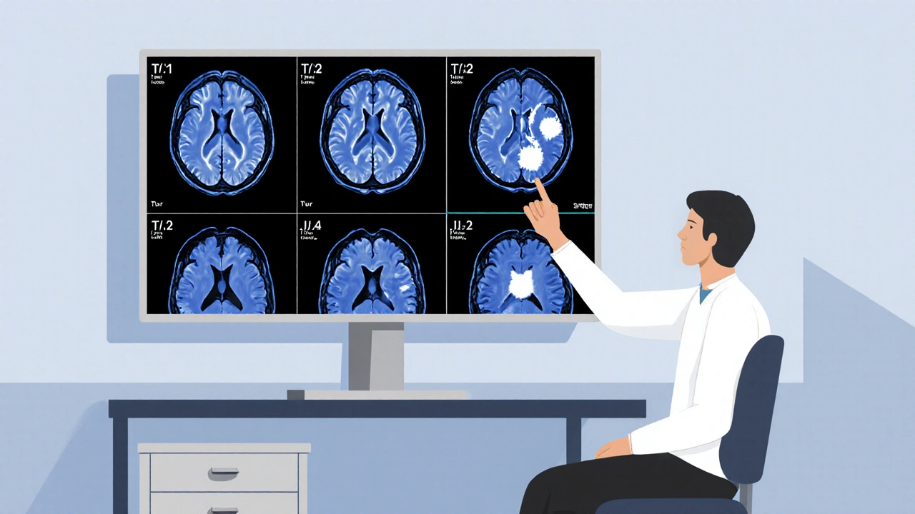 Radiologist analyzing brain MRI scans on a monitor with key abnormalities highlighted in T1, T2, and FLAIR views.