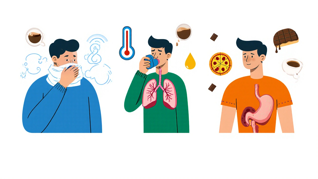 Side-by-side comparison of cold, asthma, and acid reflux symptoms with food icons