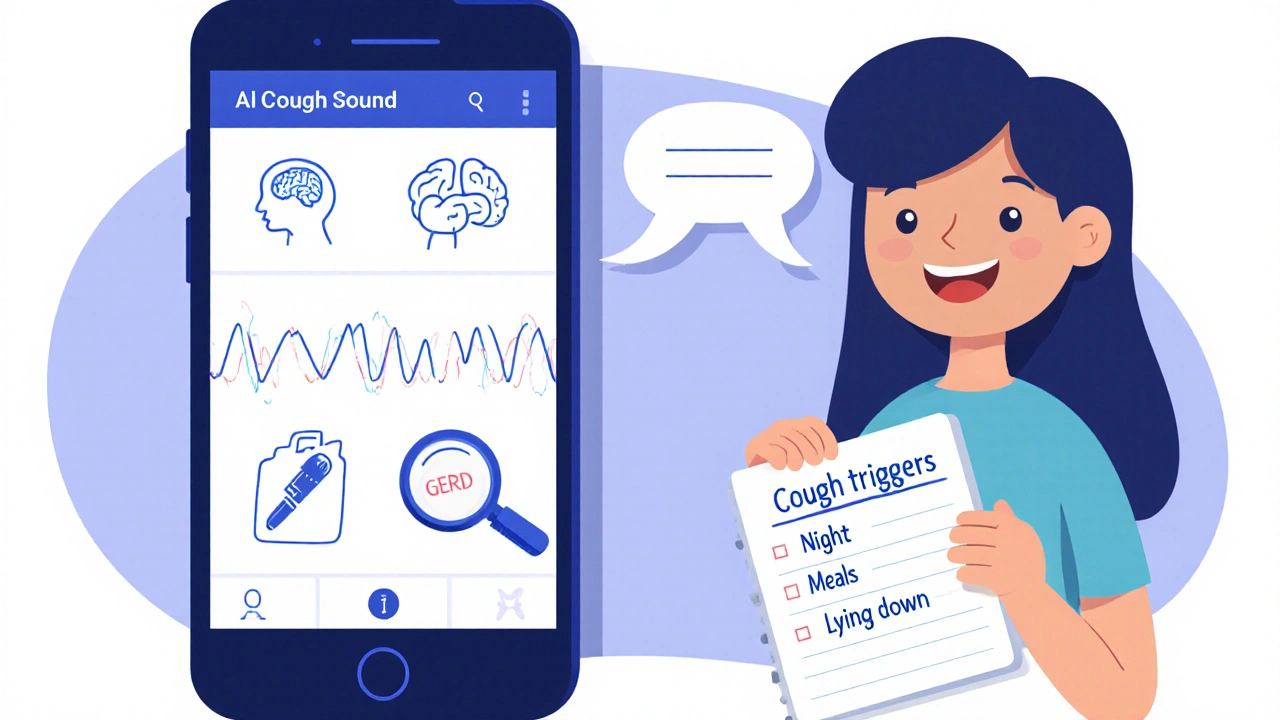 Smartphone analyzing cough sounds with AI, person noting triggers in a notebook.