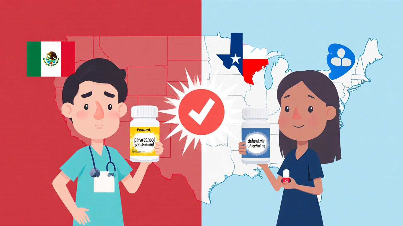 Split image of same medicine with different names in Mexico and Texas, connected by a checkmark to show they are identical.