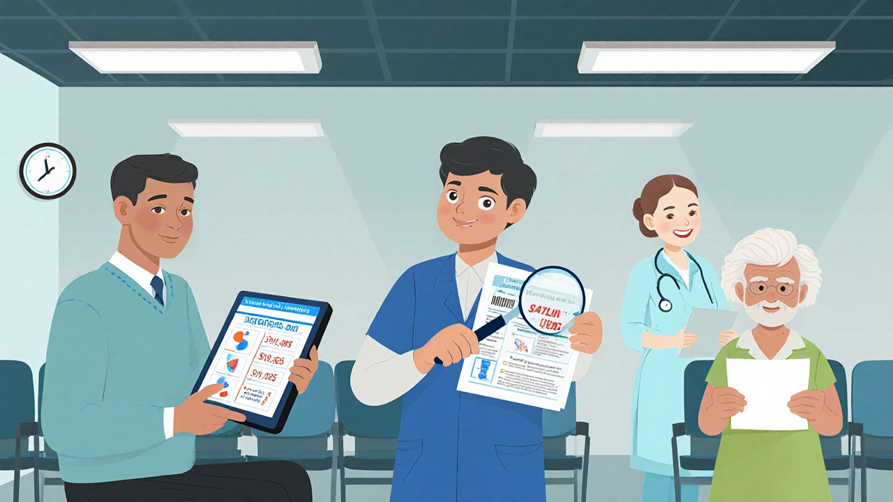Three patients in a clinic using paper and digital decision aids with supportive staff nearby.