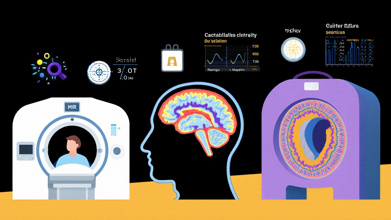 Timeline of MRI technology evolution from old machines to advanced 7.0T scanners with AI and data visualization.