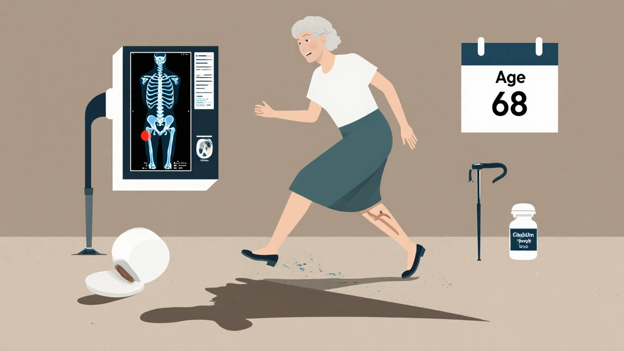 Woman stumbling near a curb with bone fracture shadow and risk factor icons nearby.