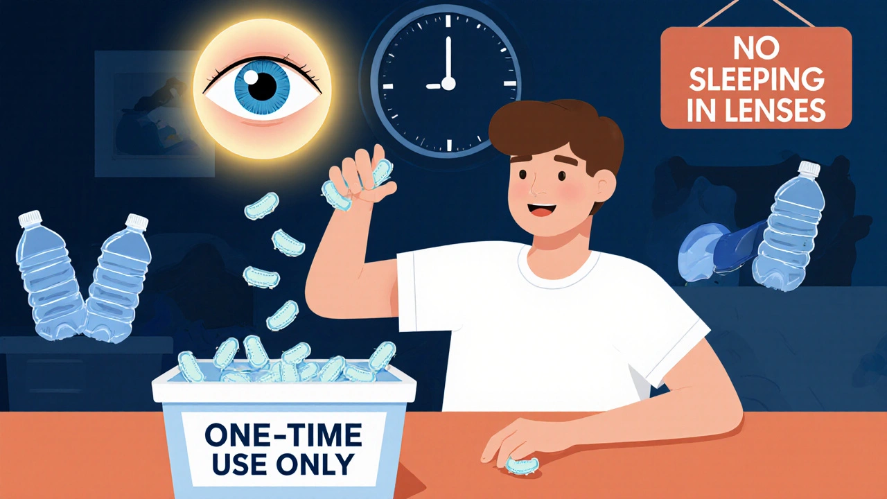 Young adult discarding daily disposable lenses at night with healthy eye icon