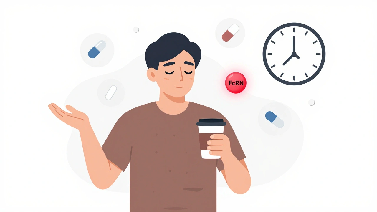 A person struggling with muscle weakness at midday, surrounded by medication icons and a glowing FcRn inhibitor pill.