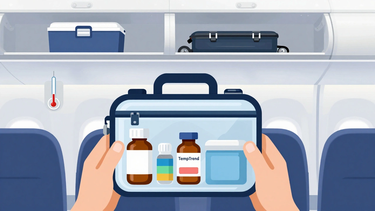 Airplane passenger with original medication bottles and temperature monitor in carry-on.
