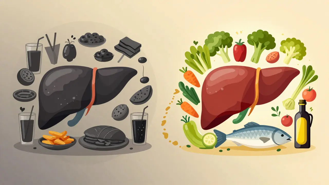 Before-and-after liver comparison showing unhealthy vs healthy diet influences