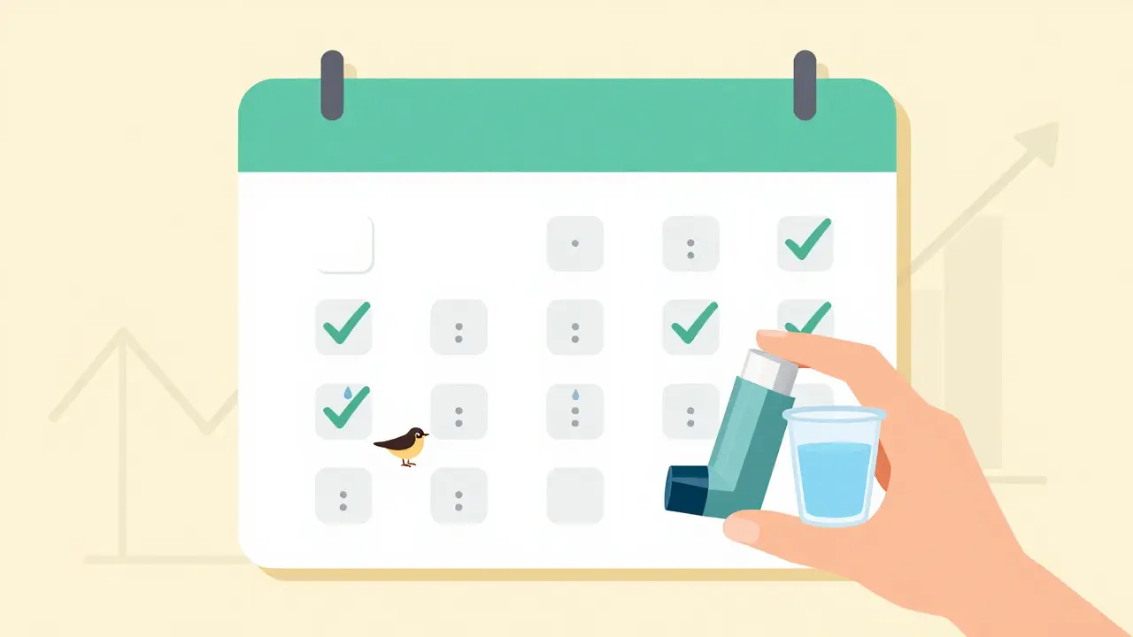 Calendar showing daily inhaler routine with water and spacer reminders for asthma control.