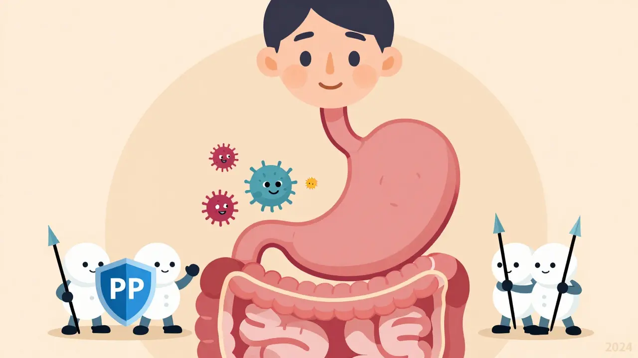 Cartoon digestive system with medicine soldiers fighting H. pylori bacteria in a colorful flat style.
