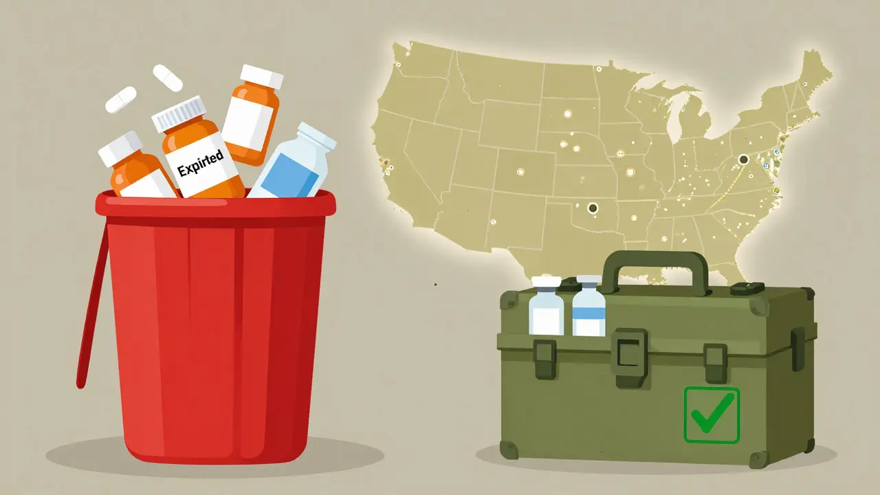 Contrast between trash bin of expired meds and military medical kit with green checkmark, map of allied nations.