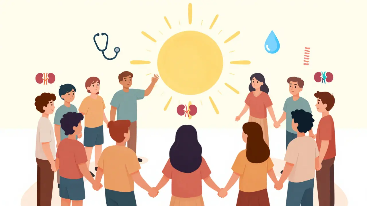 Diverse group holding hands with kidney icons, symbolizing hope and support for PKD patients.