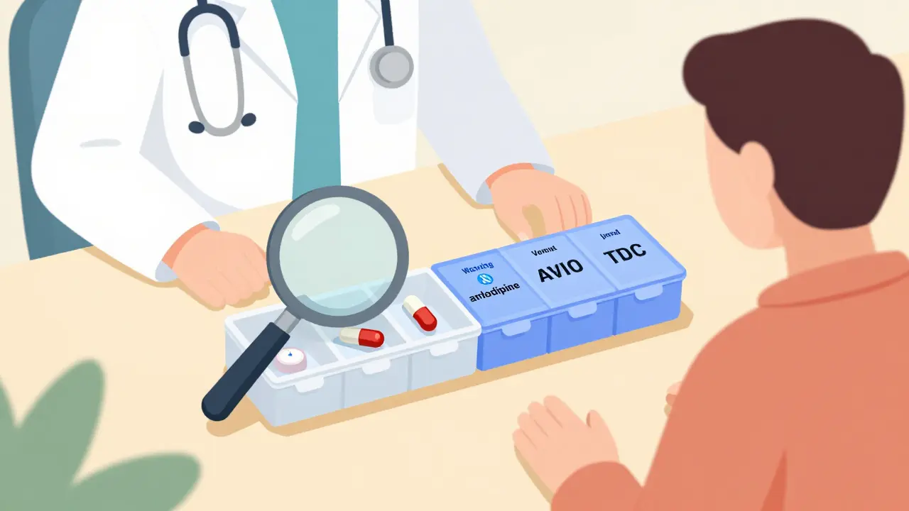 Doctor and patient reviewing a pill organizer with separate and combined medication options.