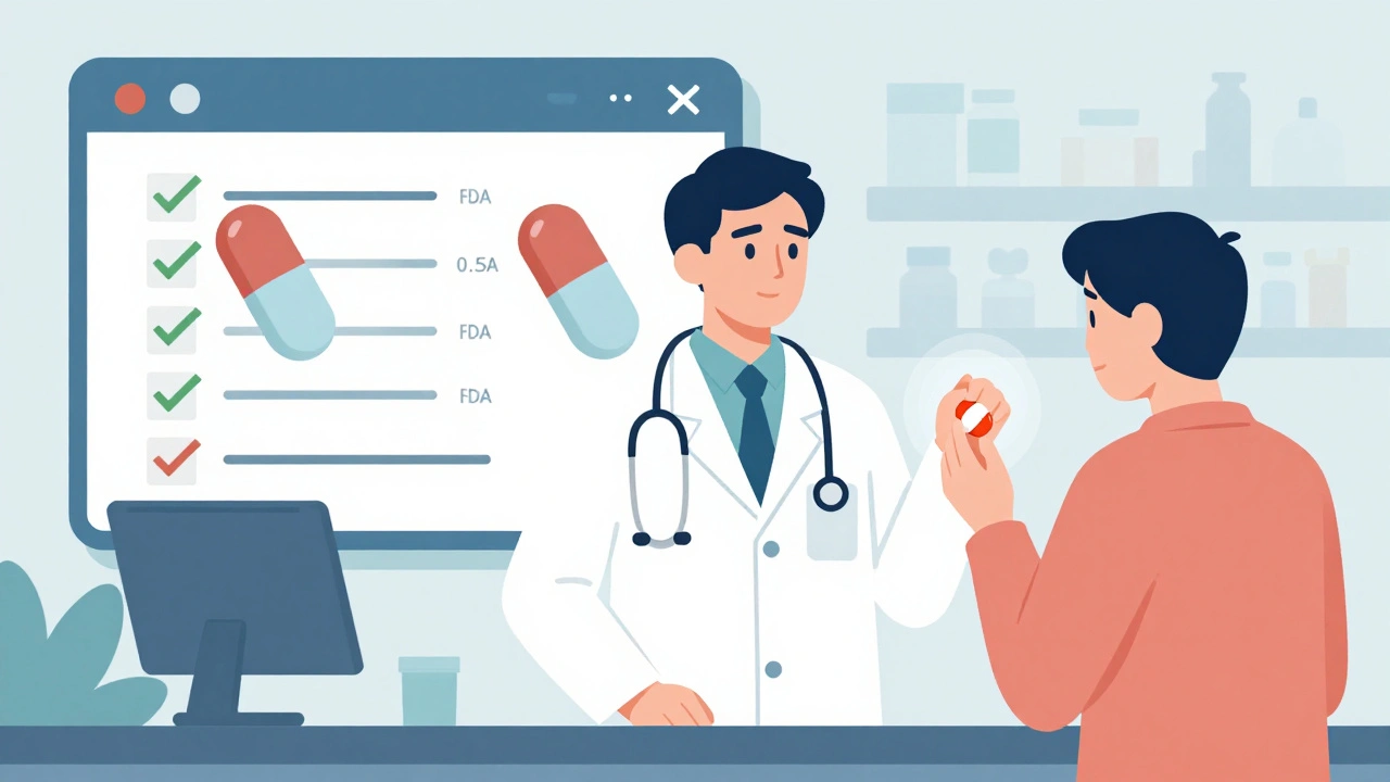 Doctor and pharmacist showing a visual chart of identical pills to a hesitant patient at a pharmacy counter.