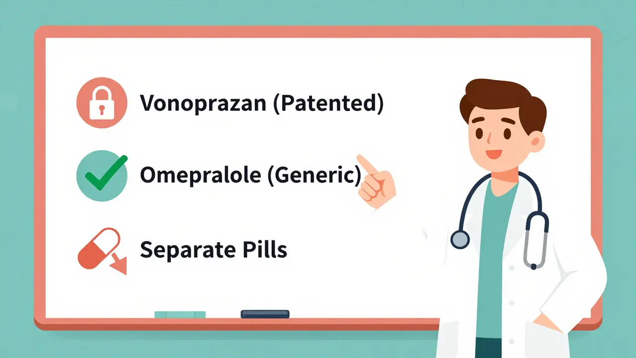 Doctor explaining treatment options on a whiteboard: patented drug, generic, and separate pills.