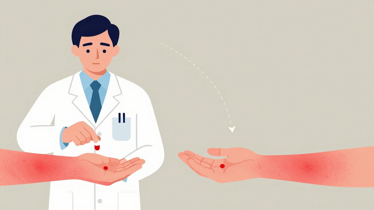 Doctor re-administering a drug as a rash reappears, showing rechallenge.