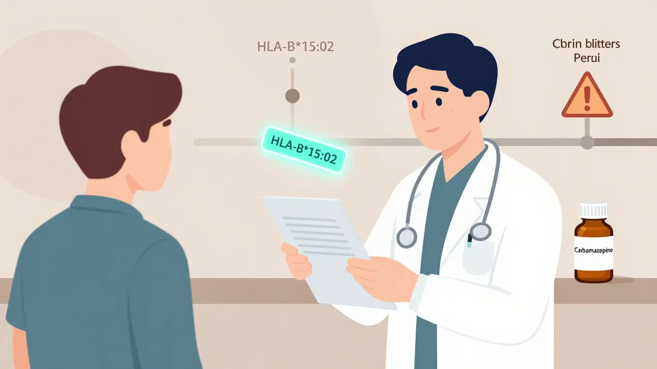 Doctor reviewing genetic test results for a drug reaction warning on a patient's chart.