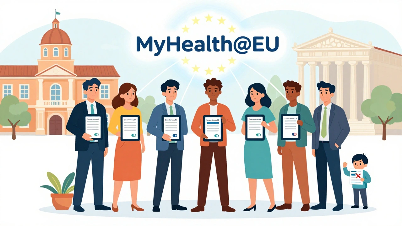 EU citizens enabling cross-border health data sharing on tablets, connected by glowing MyHealth@EU network