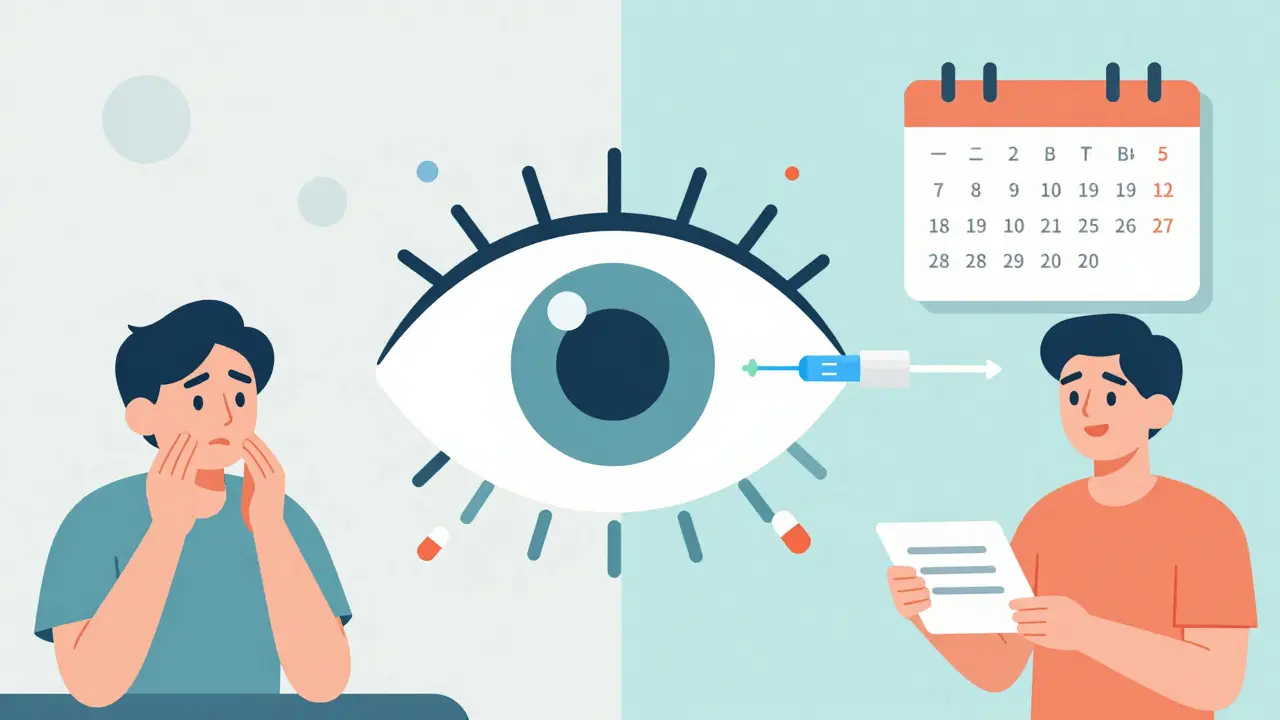 Futuristic eye with a tiny implant slowly releasing treatment, showing reduced injection frequency.