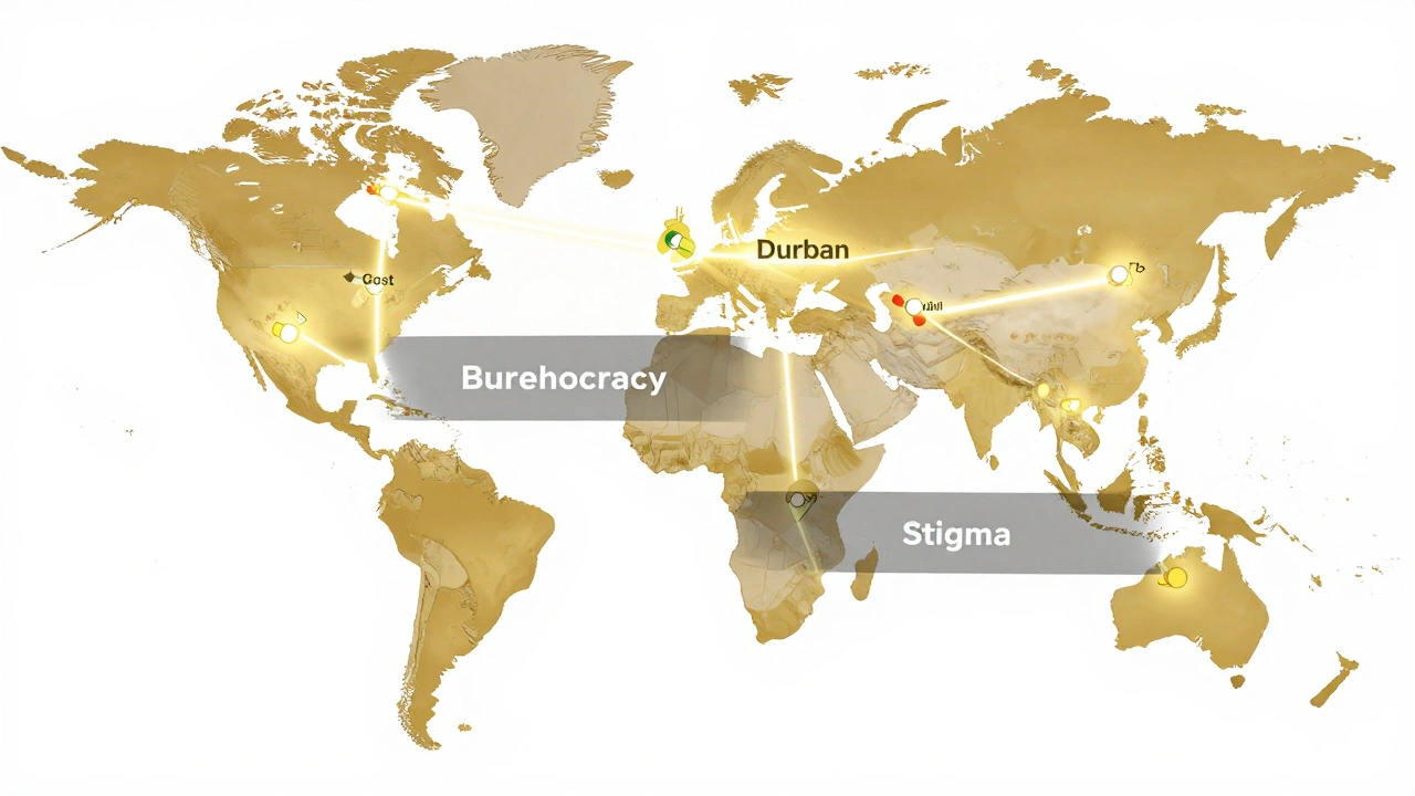 Global map with pill icons and checkmarks connecting cities, barriers blocking rural areas