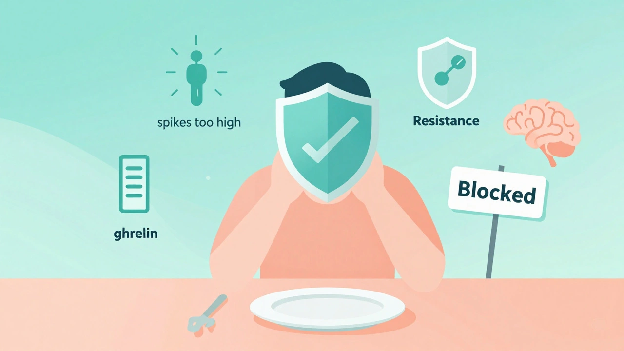 Human with empty plate surrounded by blocked hormone signals: leptin, ghrelin, and insulin unable to communicate with brain.