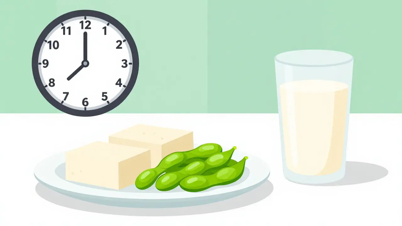 Lunchtime meal with tofu and soy milk, safely consumed hours after thyroid medication.