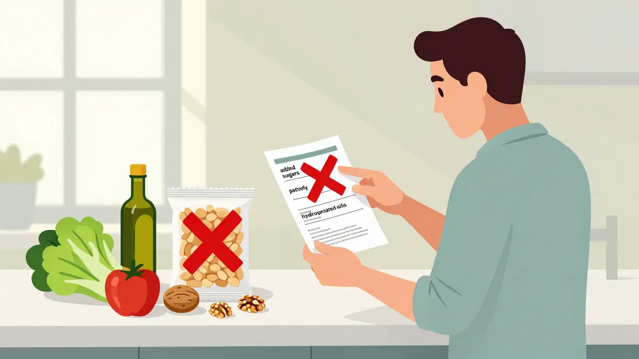Man reading food label with unhealthy items marked by X, fresh foods nearby on counter