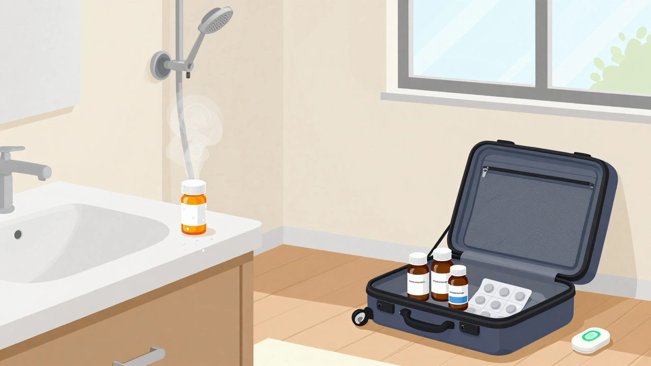 Medications stored safely in a suitcase away from a steamy bathroom.