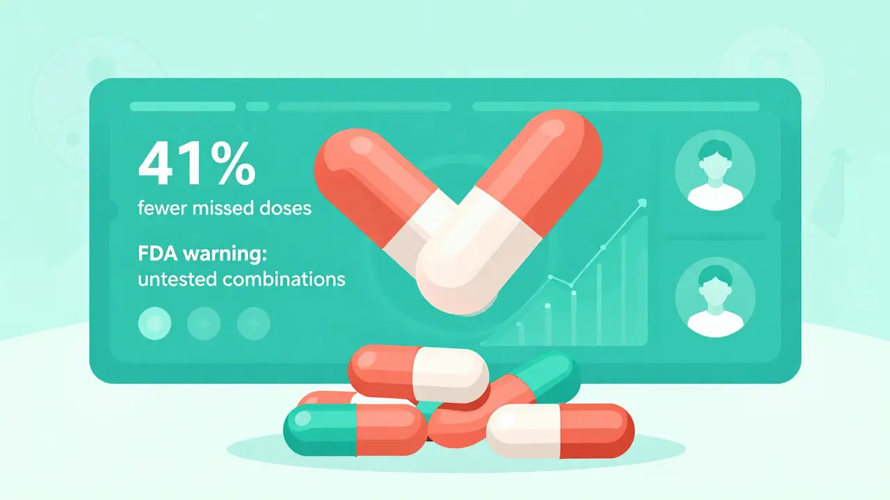 Modular pill floating above generic pills with a digital health dashboard in the background.