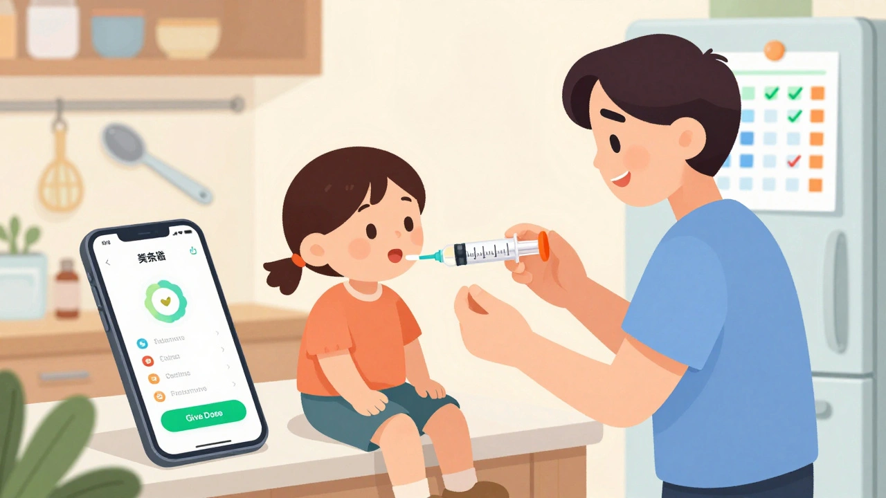 Parent accurately measures liquid medicine with oral syringe, spoon discarded.