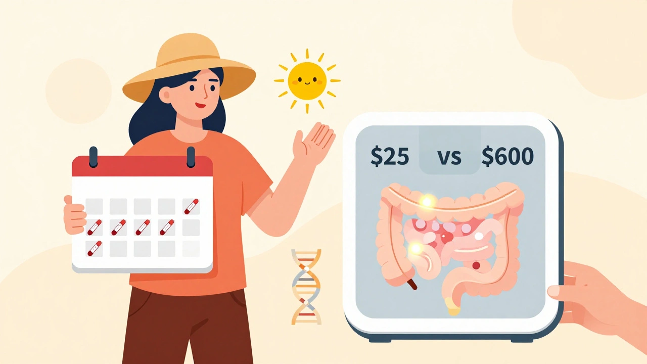 Patient holding calendar with blood tests, wearing sun protection, beside cost scale and DNA/gut symbols, with a helping hand in the corner.