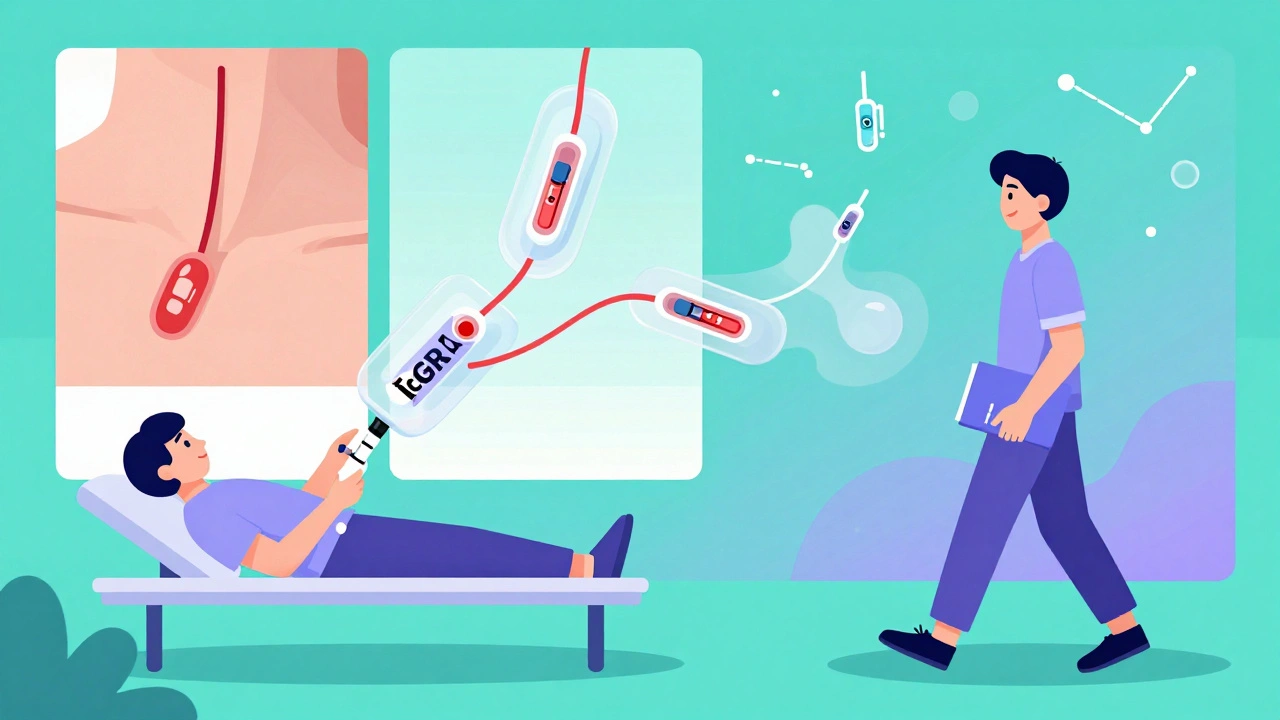 Patient receiving FcRn inhibitor injection as antibodies dissolve, with contrasting past and future life scenes.