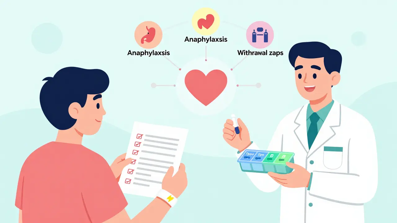 Patient with medical alert bracelet receiving a personalized pill organizer from a pharmacist.