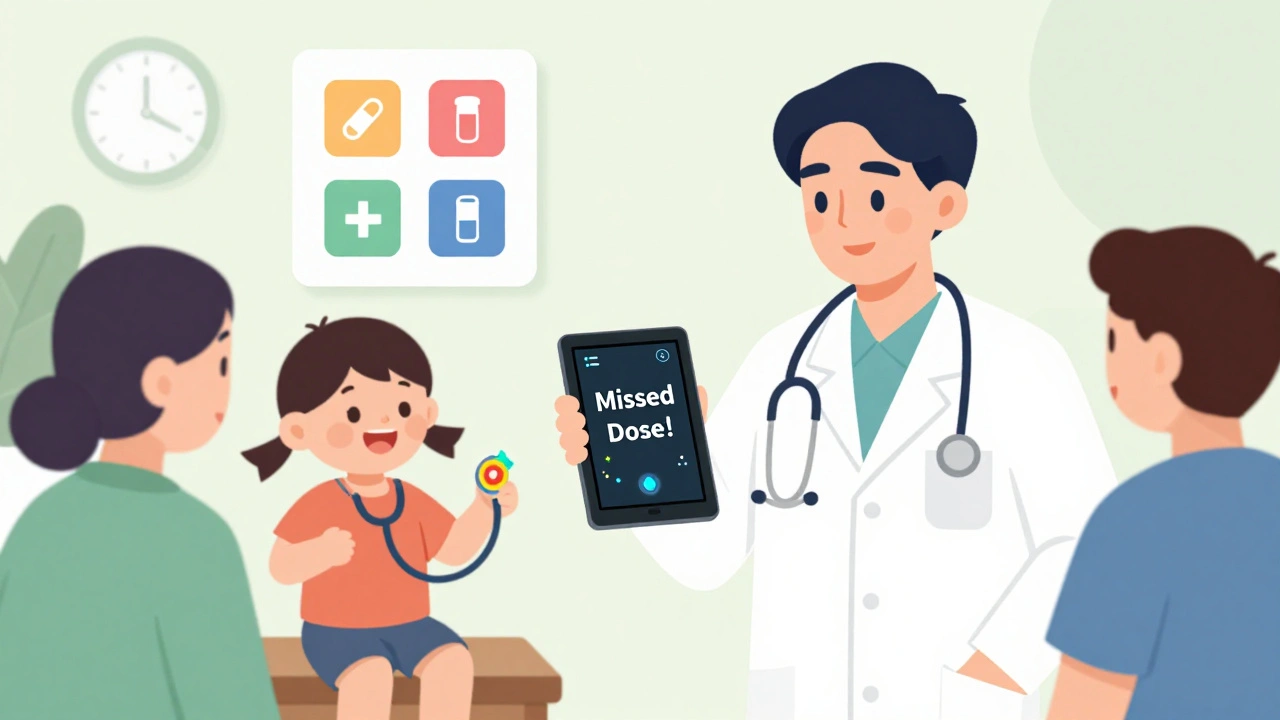 Pediatrician shows smart dispenser alert to family, color-coded chart on wall.