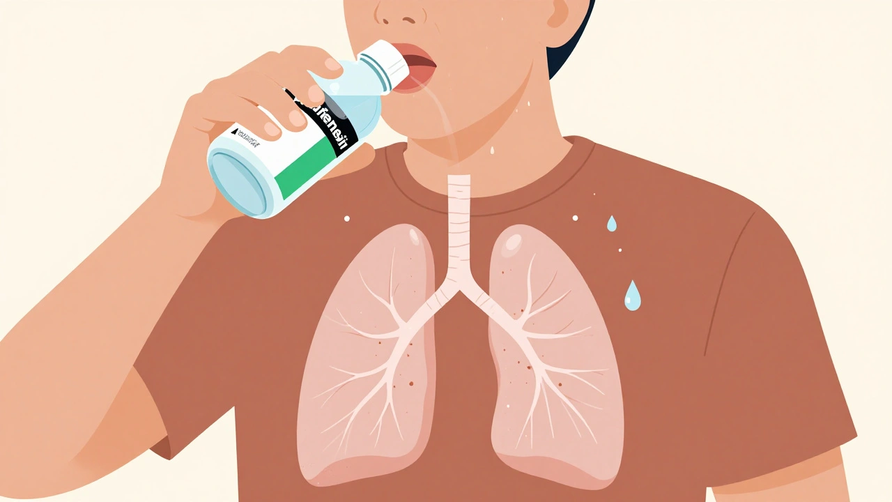 Person drinking water while mucus flows from lungs, expectorant bottle in hand