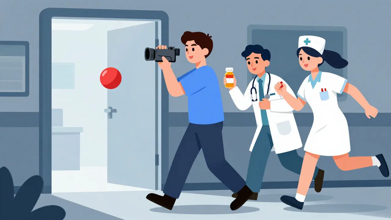 Person entering ER with pill bottle and video camera, medical staff approaching.