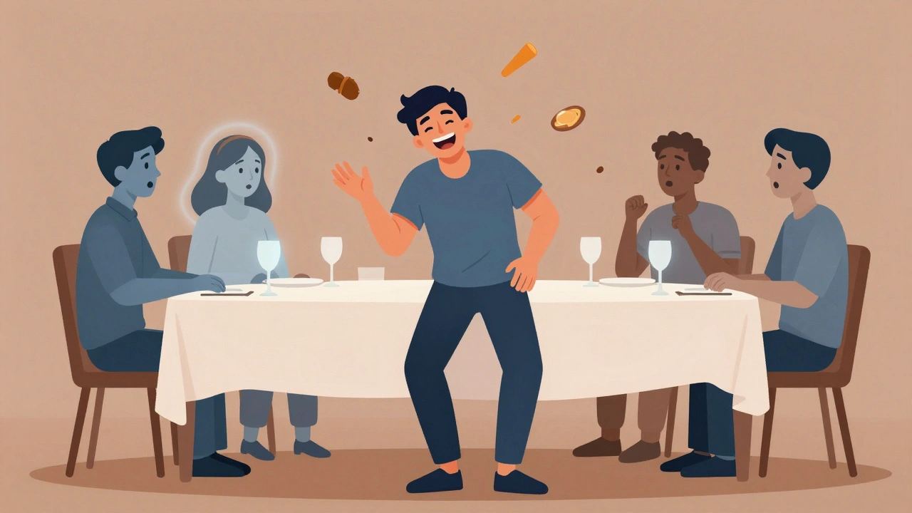 Person experiencing sudden muscle weakness while laughing at dinner, body frozen mid-motion.